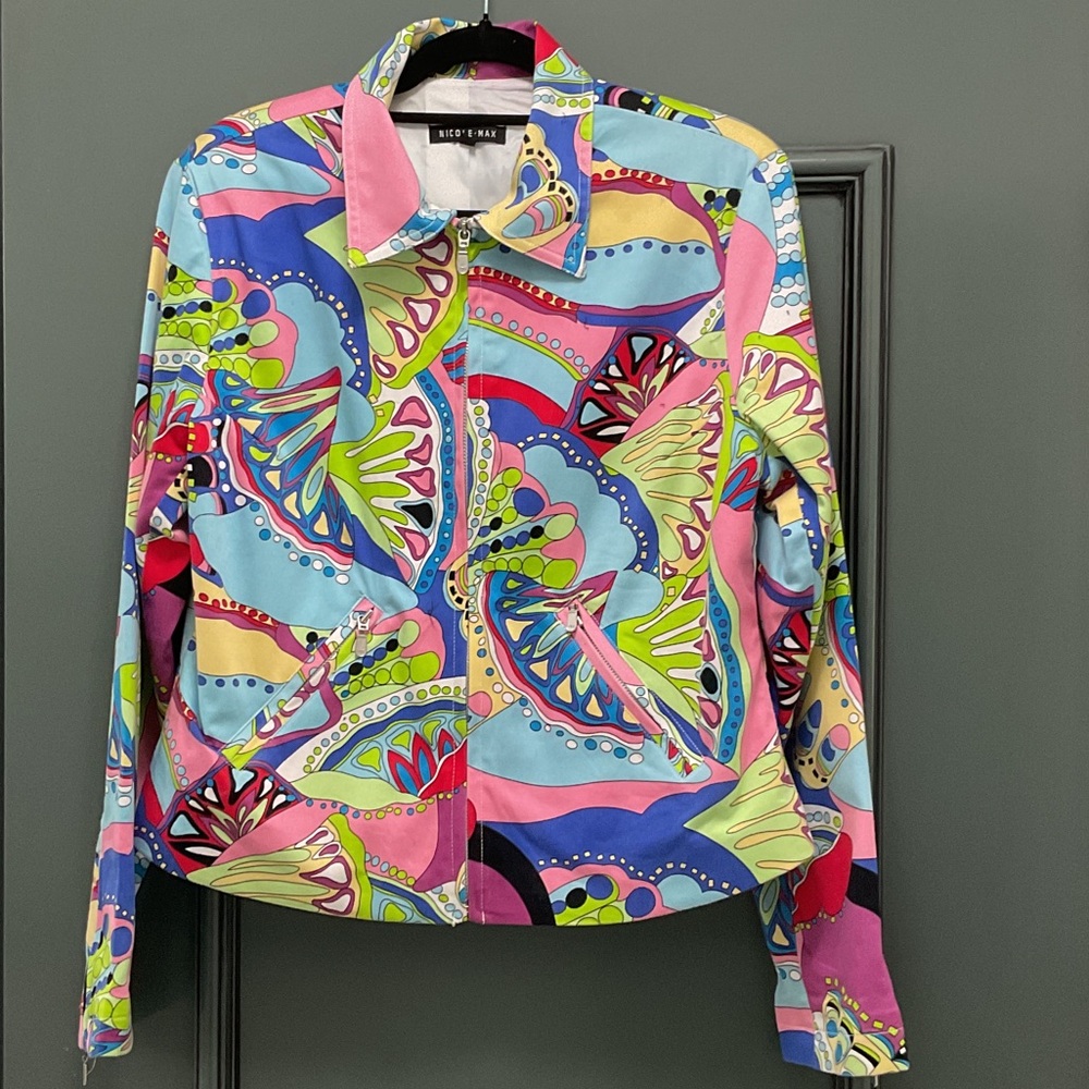 Nicole Max Multicolor Abstract Print Zip-Front Jacket; zippered front pockets